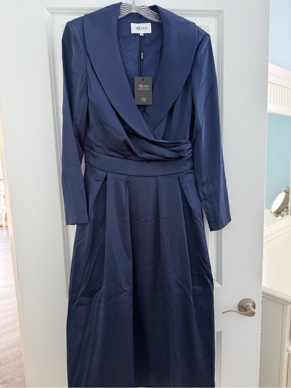 Navy Satin Wrap Midi Dress with Shawl Collar